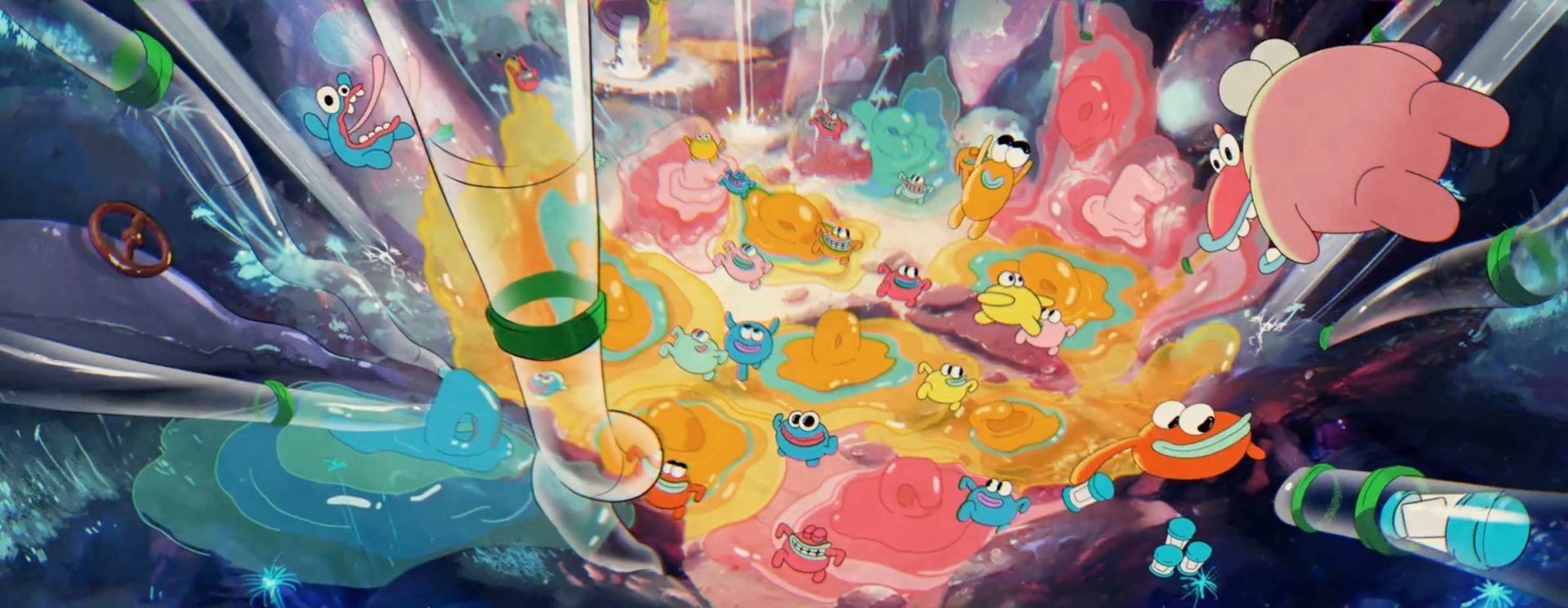 A colorful, cartoonish scene shows playful, blobby characters with wide eyes and big smiles swirling around a vivid vortex of pink, yellow, and orange—capturing the OLIPOP Feel Good commercial vibe by Freddie Powell & Luca&Sinem Not to Scale. Frame from Stash Magazine article.