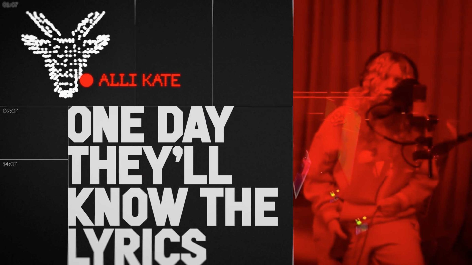 A stylized graphic with a pixelated animal head, “ALLI KATE” in red, and “ONE DAY THEY’LL KNOW THE LYRICS” in bold white letters, set beside a red-tinted image of a person recording vocals—countdown begins to something unforgettable. Frame from Stash Magazine article.