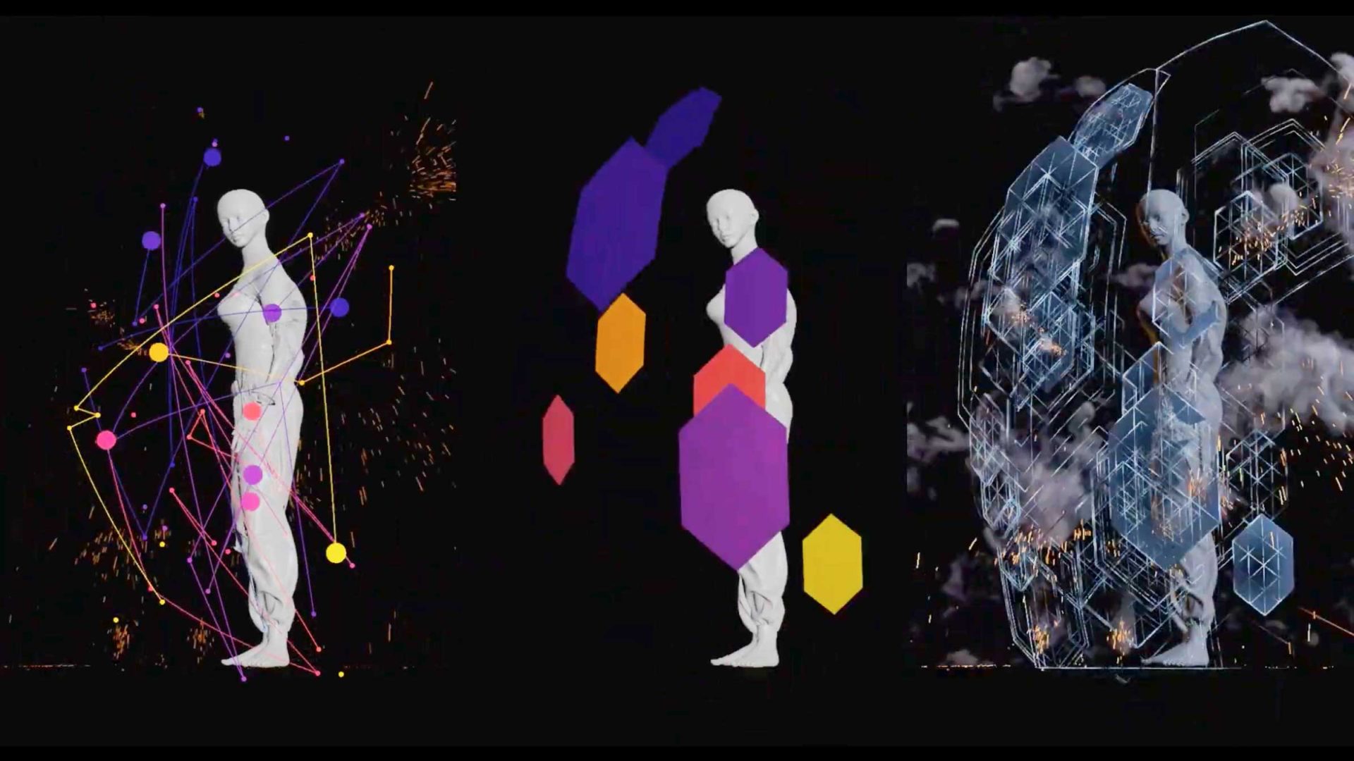 Three white human figures are shown: left with colorful lines and dots, center with large purple and orange geometric shapes inspired by Calars Drop, and right inside a blue digital mesh reminiscent of scenes from the OUTLAW Short Film—all set on a black background with abstract visual effects. Frame from Stash Magazine article.