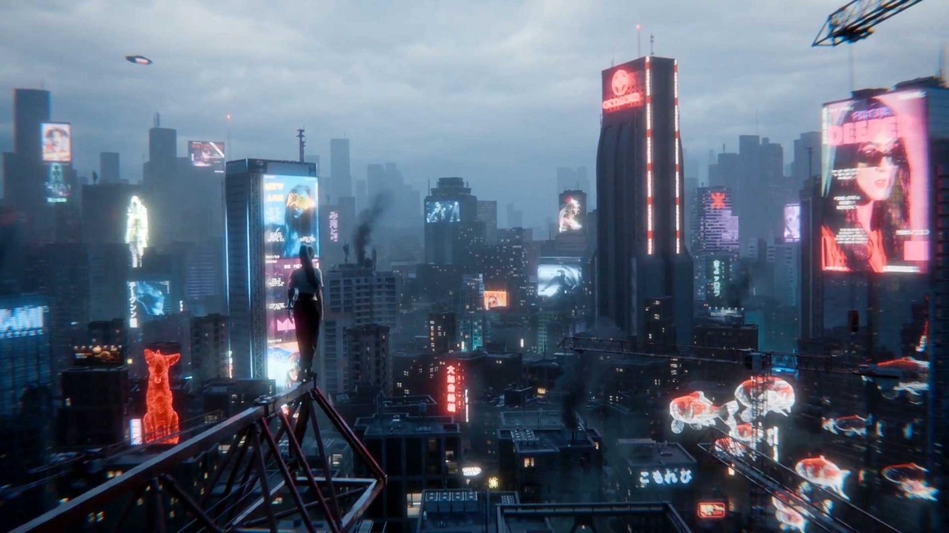 A futuristic cityscape at dusk with neon billboards, glowing holograms, and tall skyscrapers forms the backdrop. A person stands on a metal framework, overlooking the vibrant city below. The scene has a cyberpunk aesthetic reminiscent of the OUTLAW Short Film, blending elements of thrilling urban conflict like those seen in Girl vs Robot. Frame from Stash Magazine article.