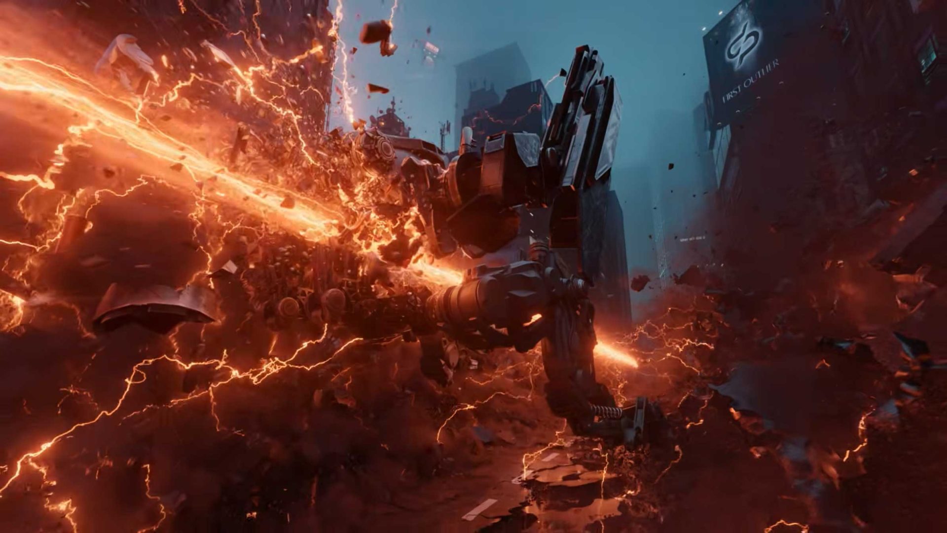 A futuristic robot unleashes a fiery energy beam amid a destroyed city, scattering debris with intense orange sparks and lightning against a dark, smoky, blue-toned urban backdrop—capturing the thrilling essence of OUTLAW Short Film's epic Girl vs Robot showdown. Frame from Stash Magazine article.