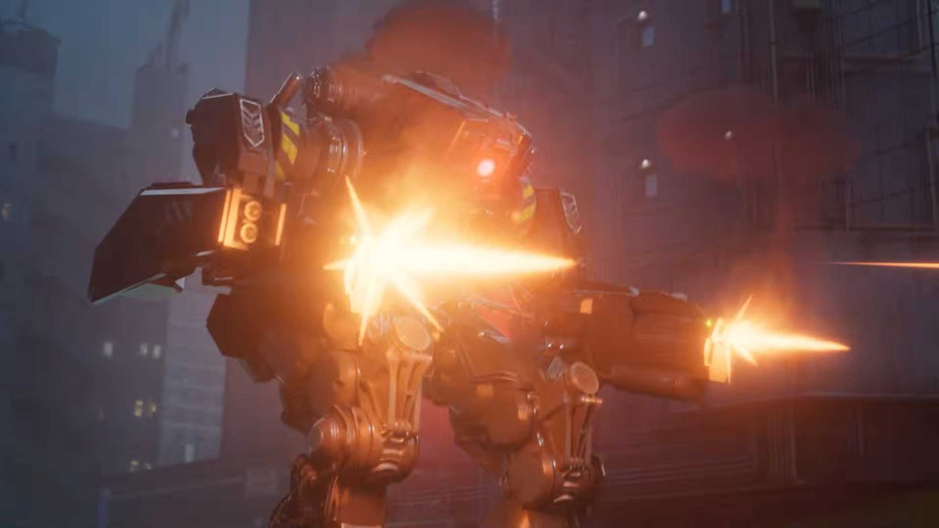 A large robot fires bright orange lasers or bullets from its arms in a dark, rainy cityscape, with buildings visible in the background—a striking scene straight out of the OUTLAW Short Film. Frame from Stash Magazine article.