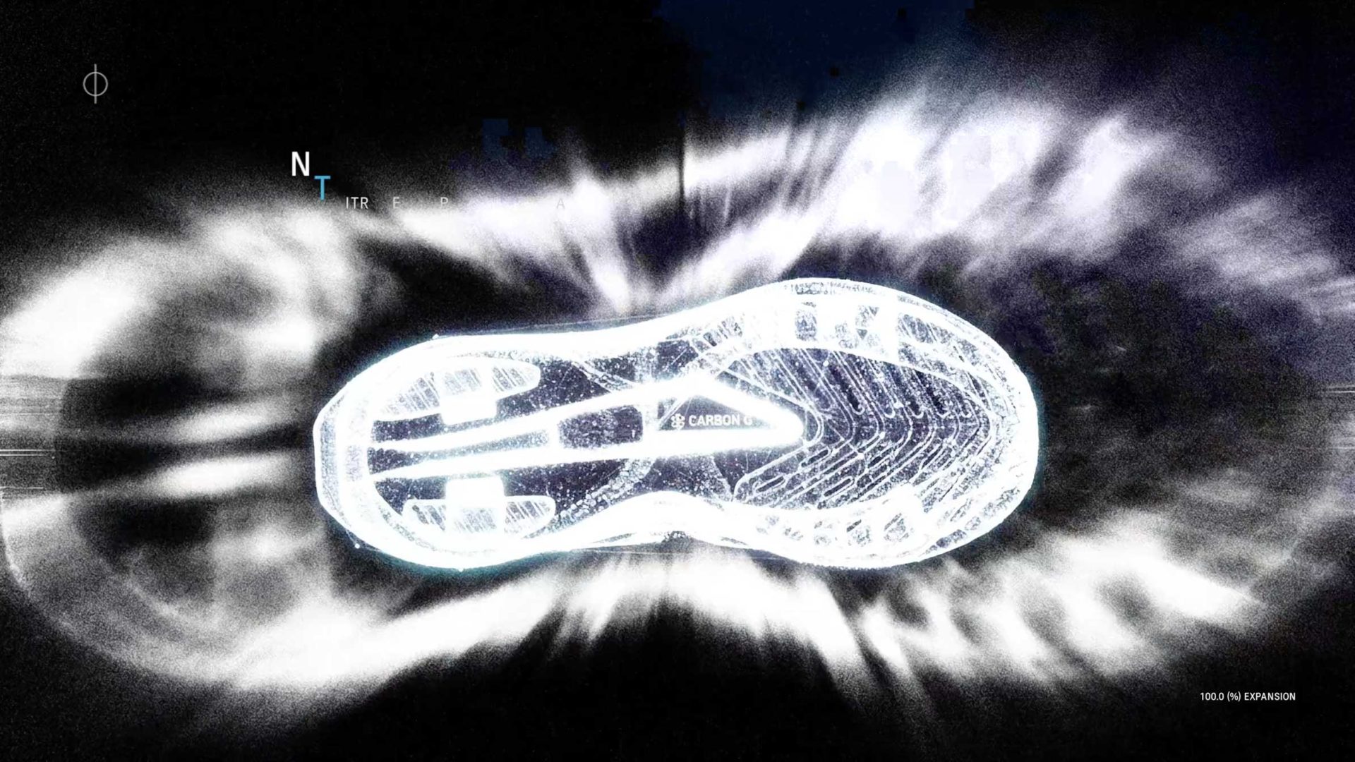 A glowing, digital rendering of an Olympikus running shoe sole is shown against a dark background, with white energy-like streaks radiating outward. The words CARBON LITE and technical text are visible on the sole, ready to set the pace. Frame from Stash Magazine article.