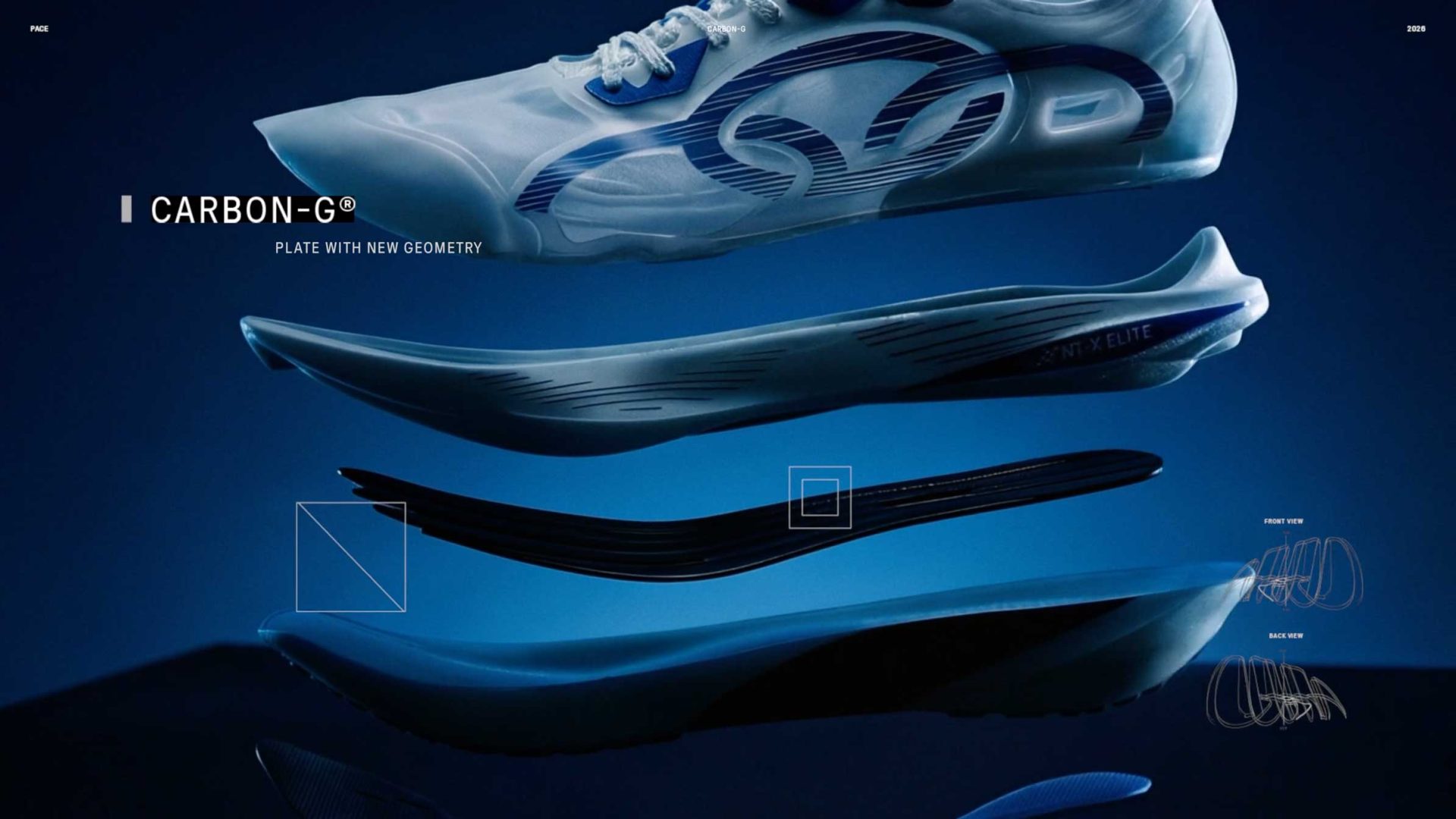A white and blue Olympikus running shoe hovers above four separated sole layers, each labeled to highlight the CARBON-G® plate with new geometry, set the pace against a dark blue background. Technical diagrams by Miagui appear on the right. Frame from Stash Magazine article.