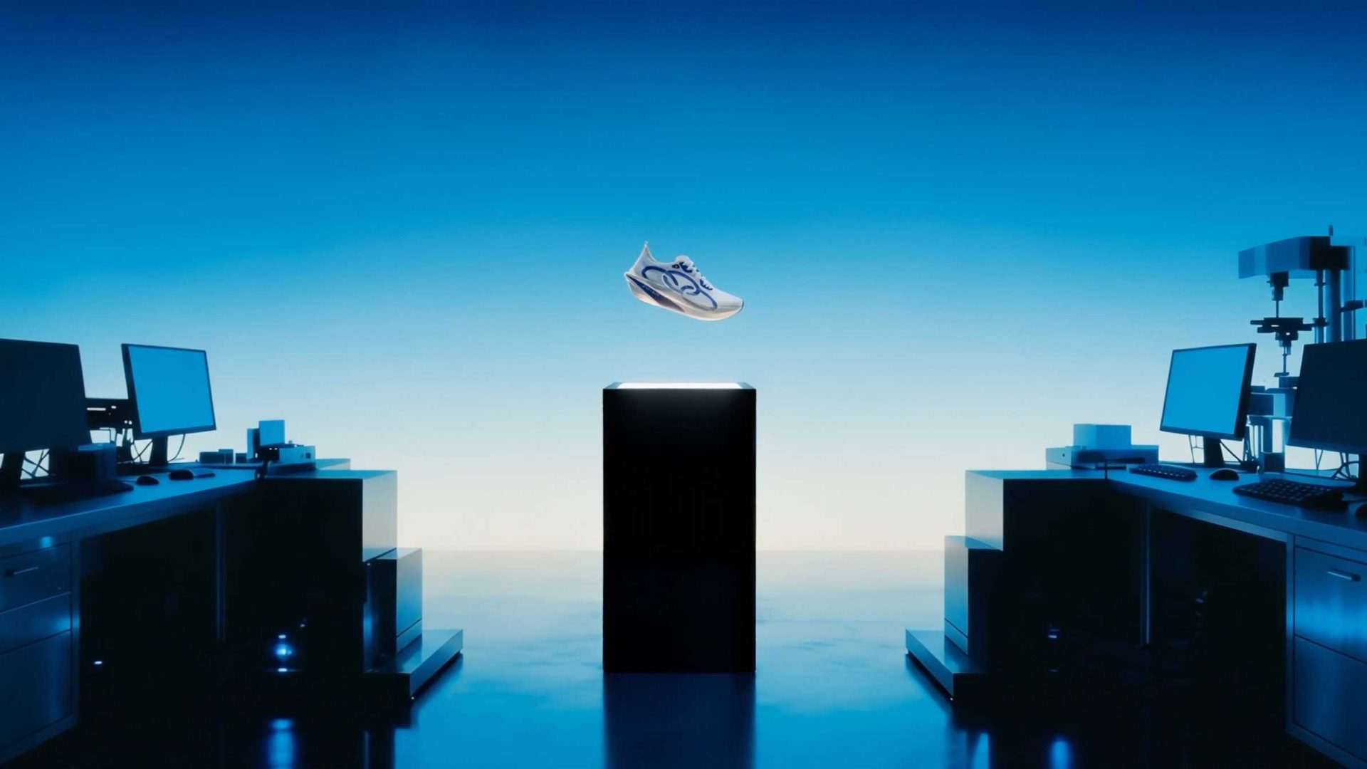 An Olympikus Pace running shoe levitates above a black pedestal in a futuristic lab, surrounded by computer workstations and scientific equipment, all set against a blue gradient background in this product film by Miagui. Frame from Stash Magazine article.