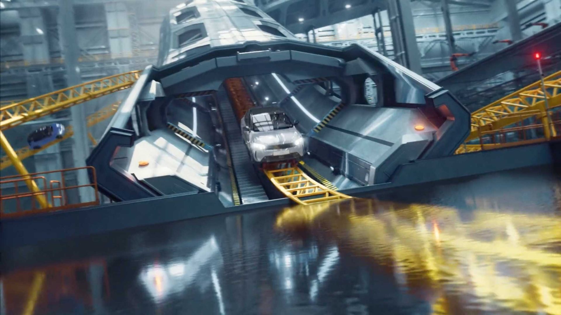 A futuristic silver Opel car exits a tunnel-like metallic structure in a high-tech industrial facility with yellow railings and reflective wet floors, capturing the mathematic precision of Mark Jenkinson’s visionary design. Frame from Stash Magazine article.