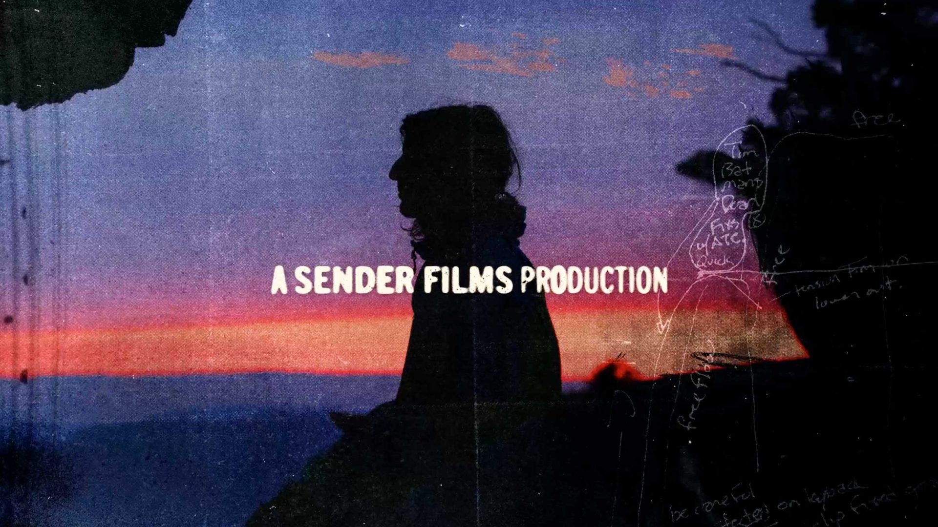 A silhouette of a person at sunset with handwritten notes and sketches overlayed, featuring the text A SENDER FILMS PRODUCTION in the center—capturing the mood of Opening Titles for HBO's The Dark Wizard Doc by Brut Works. Frame from Stash Magazine article.