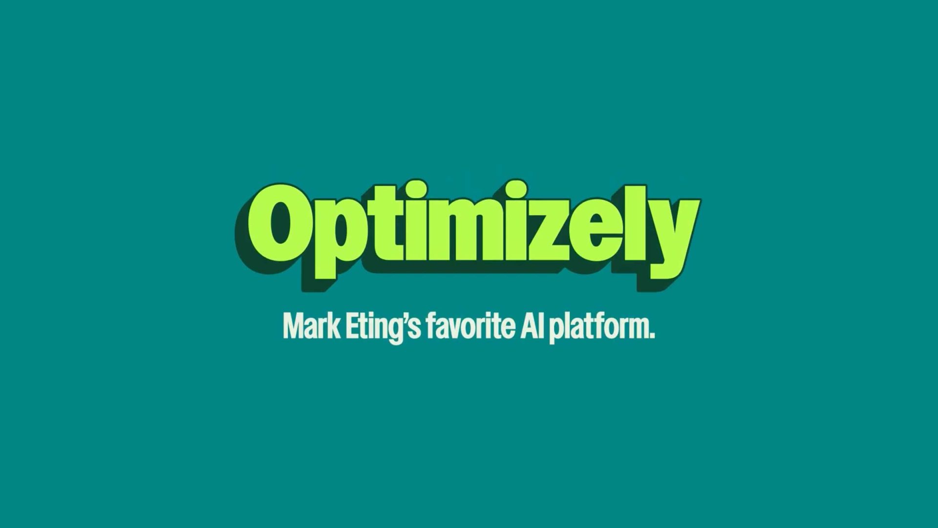 Green and yellow text reading Optimizely, with the subheading Mark Eting’s favorite AI platform, appears on a teal background—styled by creative studio Giant Ant. Frame from Stash Magazine article.