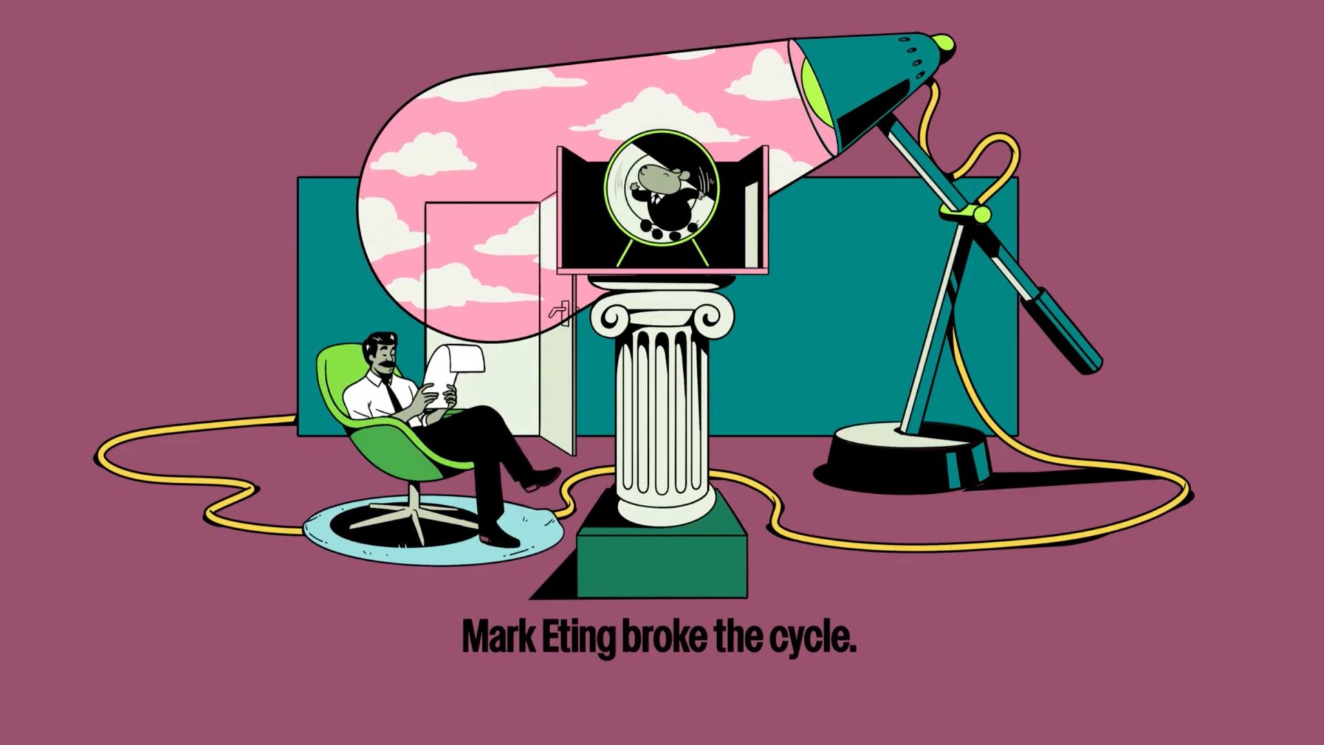 A man sits in a modern chair reading, illuminated by a giant lamp shaped like an old-fashioned fan on a pedestal. The lamp’s light reveals pink sky and clouds. Text below reads, “Tales of Mark Eting broke the cycle.”. Frame from Stash Magazine article.