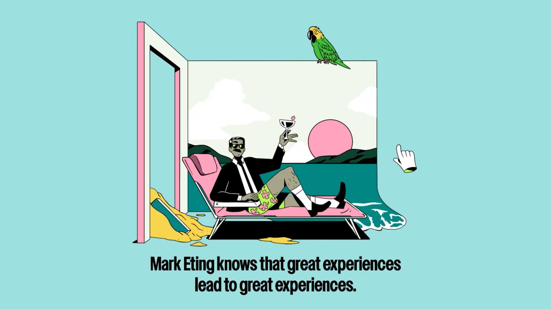 A man in a suit and colorful shorts lounges on a chair with a drink, inside a room with an open wall showing a scenic sunset. A parrot perches above, yellow towel and shoes are on the floor. Text reads: Tales of Mark Eting by Giant Ant for Optimizely—great experiences lead to more. Frame from Stash Magazine article.