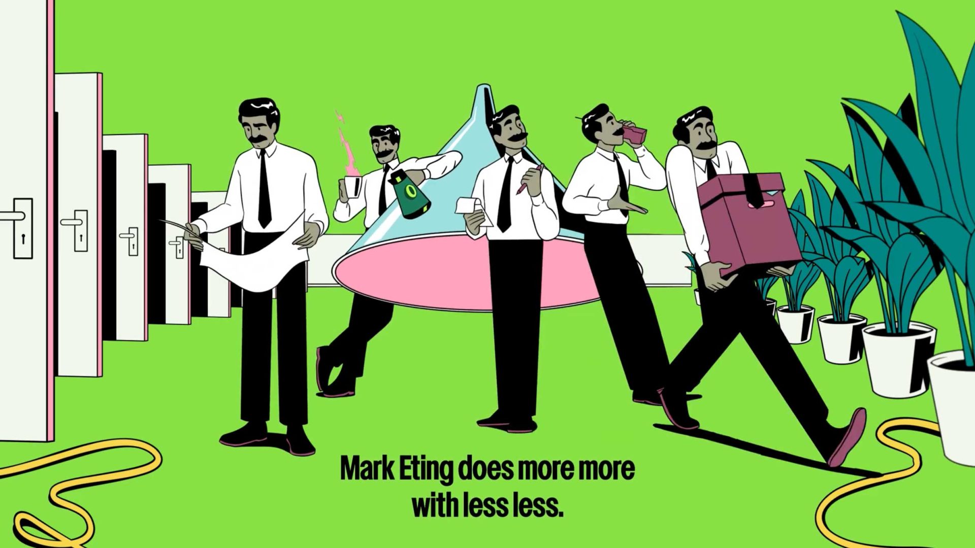 Six identical men in business attire juggle tasks like carrying files, watering plants, and talking on the phone against a green background. Text reads: Tales of Mark Eting—Optimizely helps you do more with less, less. Frame from Stash Magazine article.