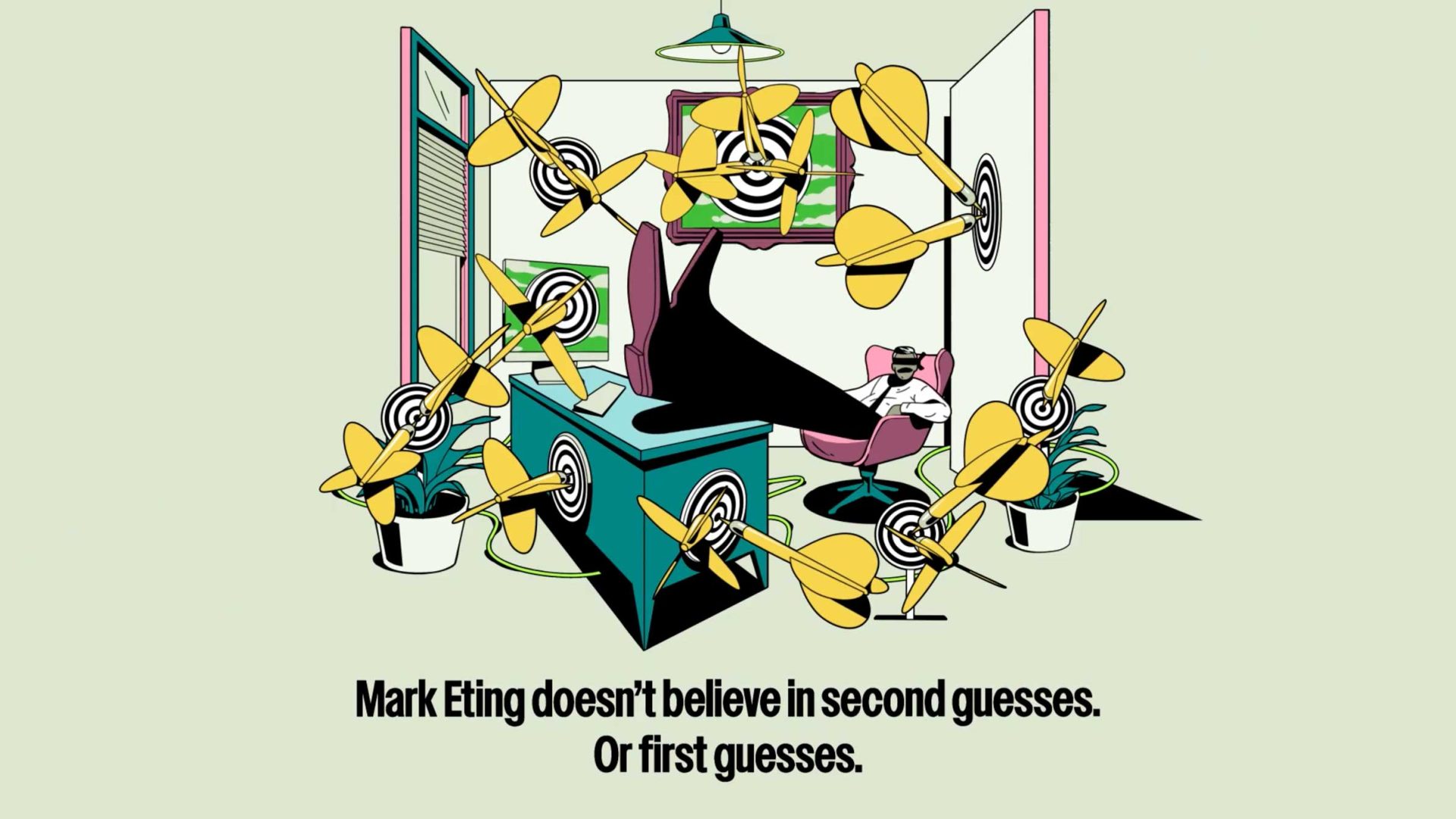 A person reclines at a desk with feet up, surrounded by flying darts hitting numerous targets. Two plants and a calendar are nearby. Text below reads: Mark Eting of Optimizely’s "Tales of Mark Eting" by Giant Ant doesn’t believe in second guesses. Frame from Stash Magazine article.