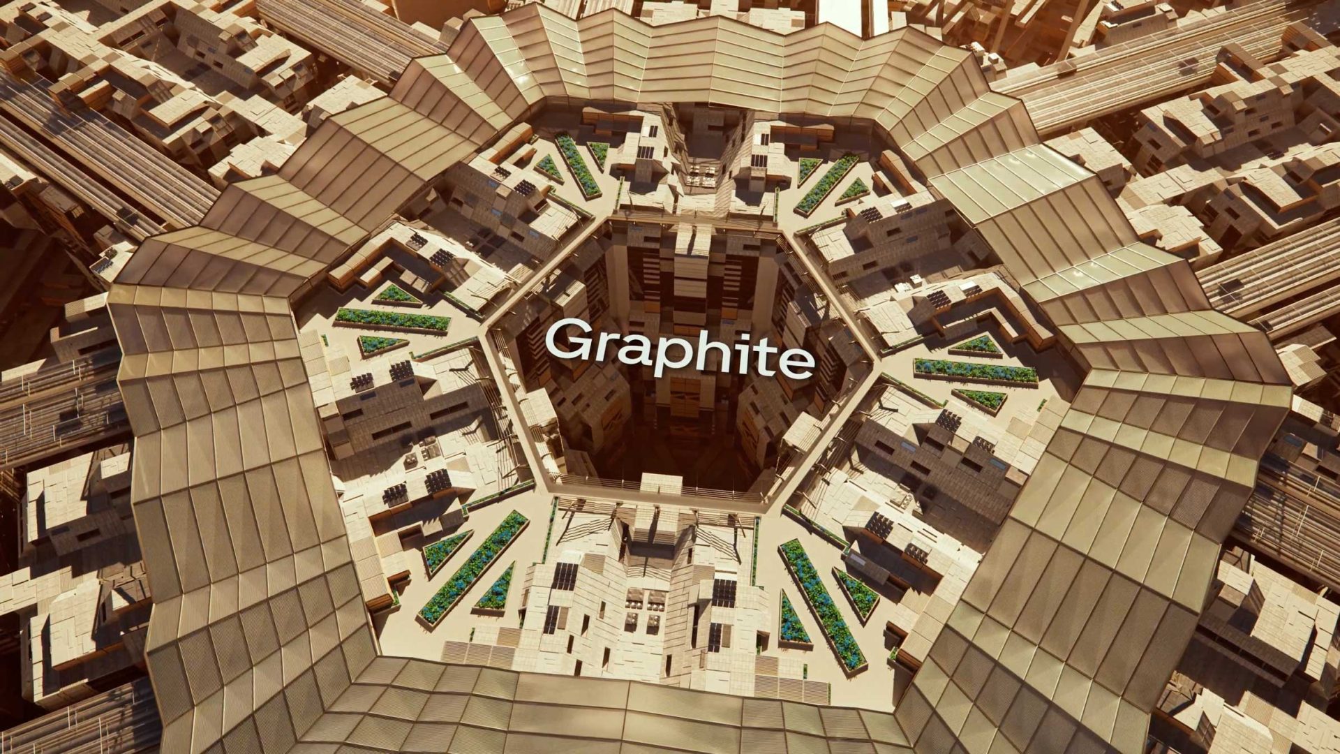 A geometric, futuristic structure with layered hexagonal patterns and green accents, viewed from above. The word Graphite is centered, highlighting its innovative code architecture at the heart of the image. Frame from Stash Magazine article.