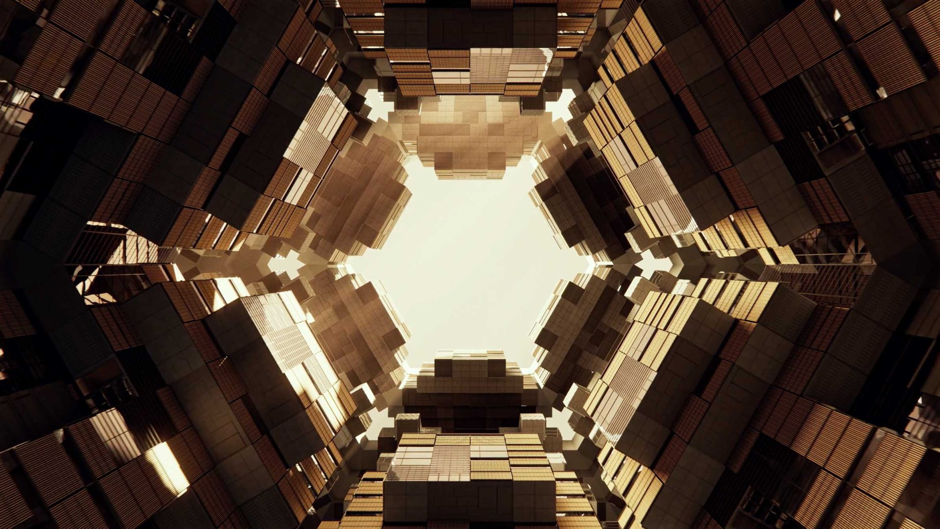 A symmetrical view looking up at several modern buildings with geometric, box-like structures reminiscent of code architecture and warm golden tones, converging around a bright, open sky in the center. Frame from Stash Magazine article.