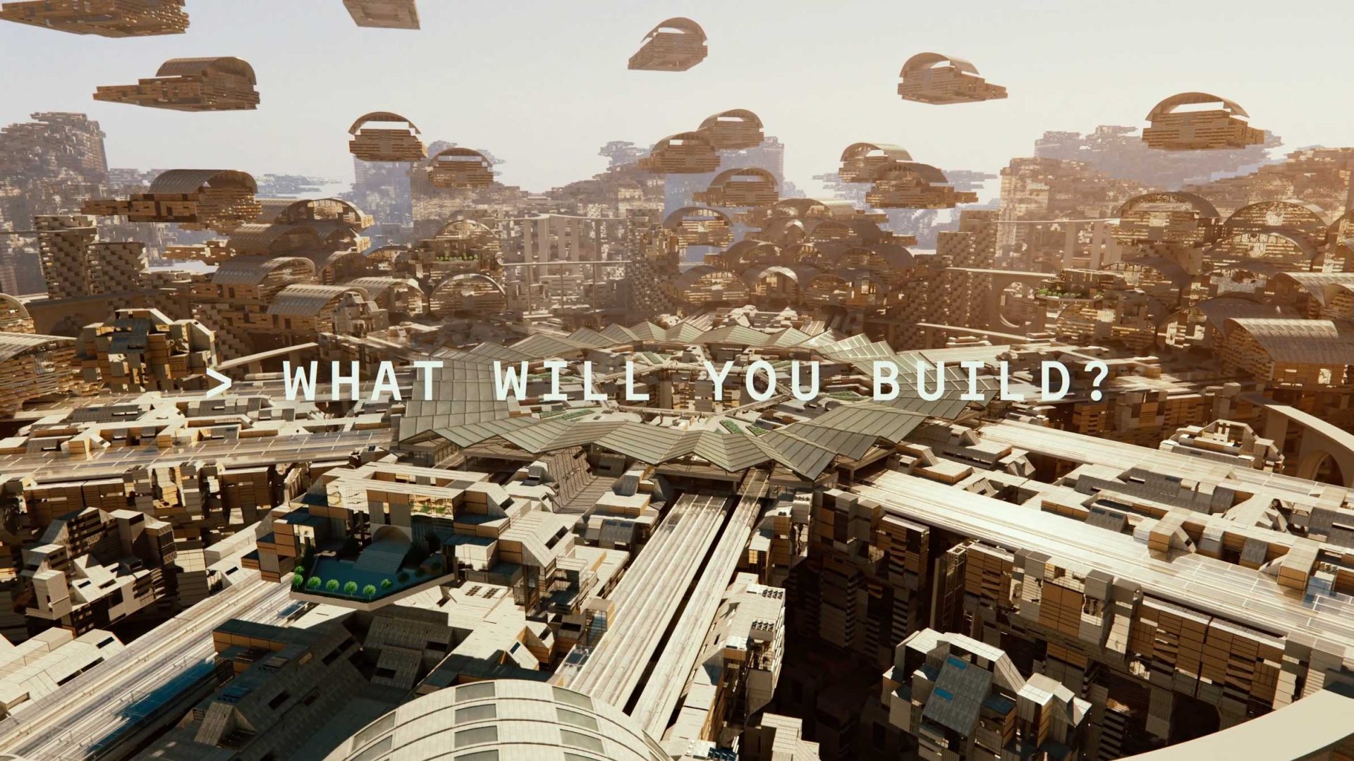 A futuristic cityscape with many flying vehicles above complex, geometric buildings embodies bold code architecture. Text in the center reads, WHAT WILL YOU BUILD? in white capital letters, perfect for a brand film. Frame from Stash Magazine article.