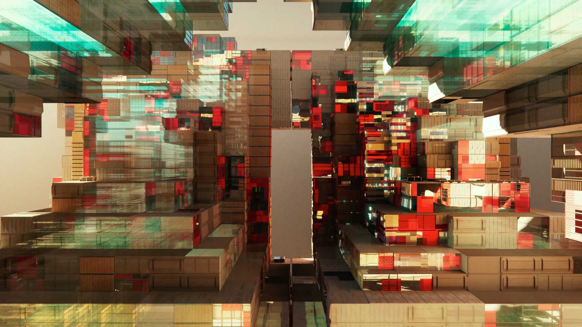 A digital rendering of abstract, block-like structures evokes code architecture, with shades of brown, red, and teal forming a corridor where light streams through transparent and reflective surfaces. Frame from Stash Magazine article.
