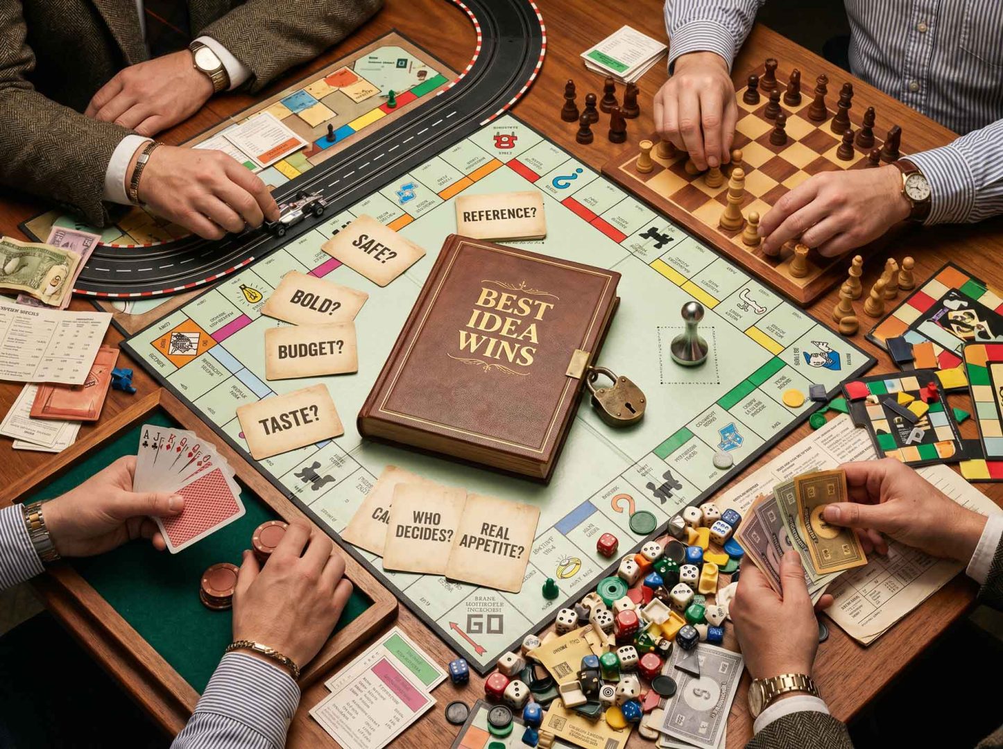 Four people play board games and cards at a table. The center board features business-themed cards like Bold? and Who Decides?, reminiscent of the competitive spirit in We Love Pitching Part-III---Its-Anyones-Game-B. A book titled Best Idea Wins is in the middle, surrounded by dice, money, and chess pieces. Frame from Stash Magazine article.