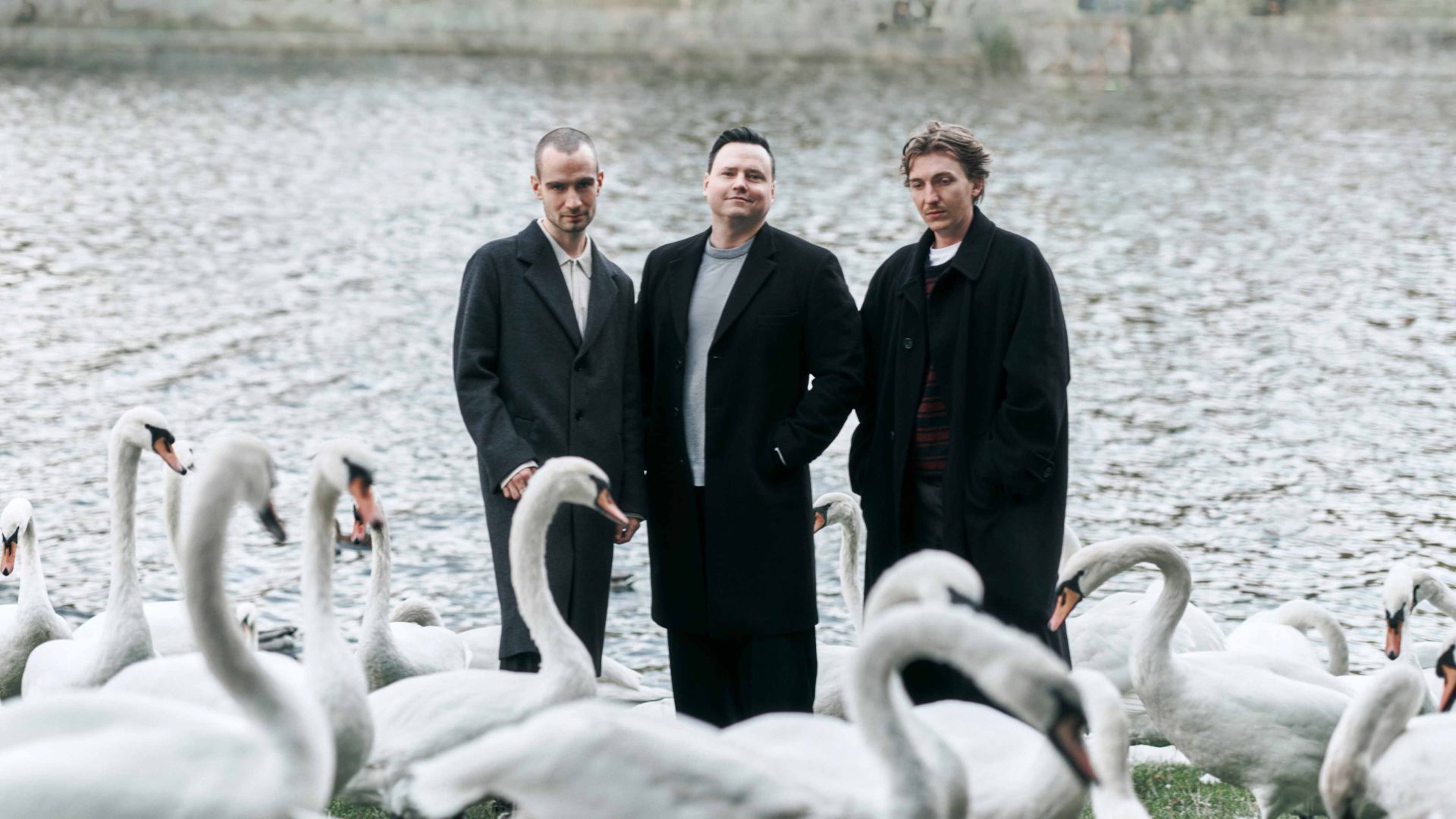Three Pathos Ad Agency founders in dark overcoats standing in front of a lake filled with swans. Frame from Stash Magazine article.