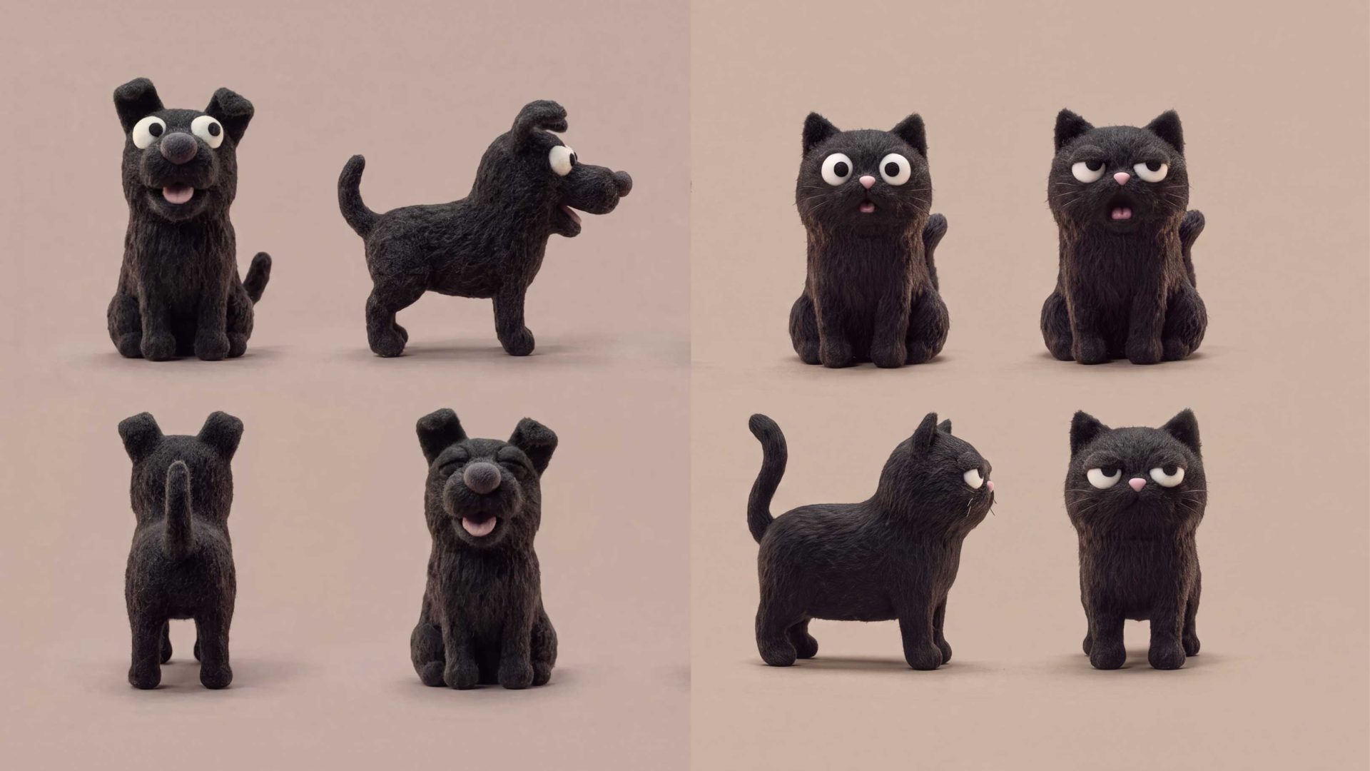 Four views each of a small, fuzzy black dog and a small, fuzzy black cat, all featuring large, expressive eyes in a Petbarn style pet POV. Frame from Stash Magazine article.