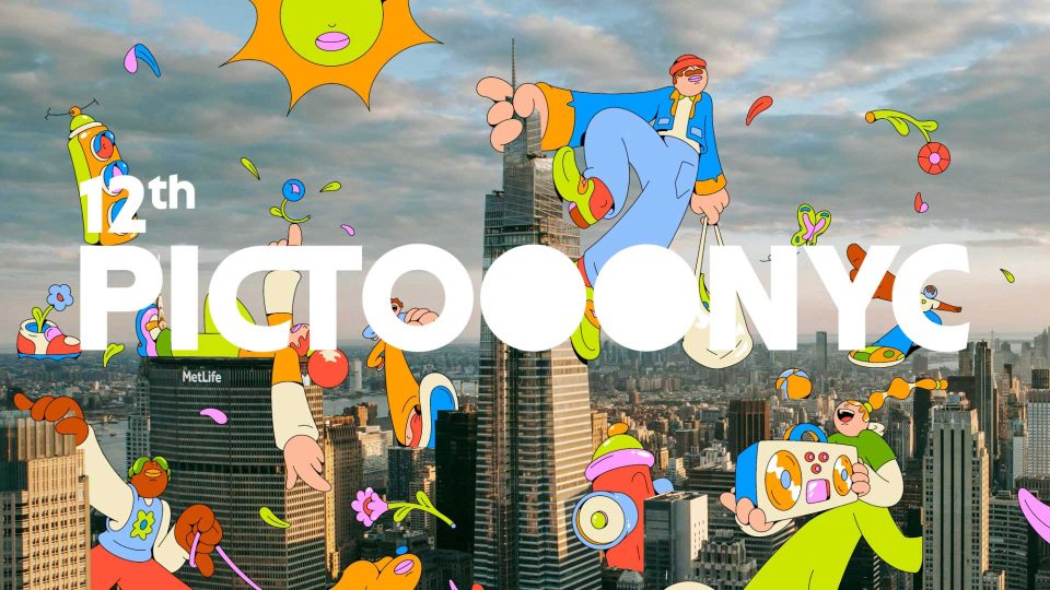 Colorful, cartoon characters and flowers float over New York City skyscrapers for the 12th PICTOONYC, a vibrant Pictoplasma event -NY-2026. Bold white text and playful art decorate the scene with the MetLife building in view. Frame from Stash Magazine article.