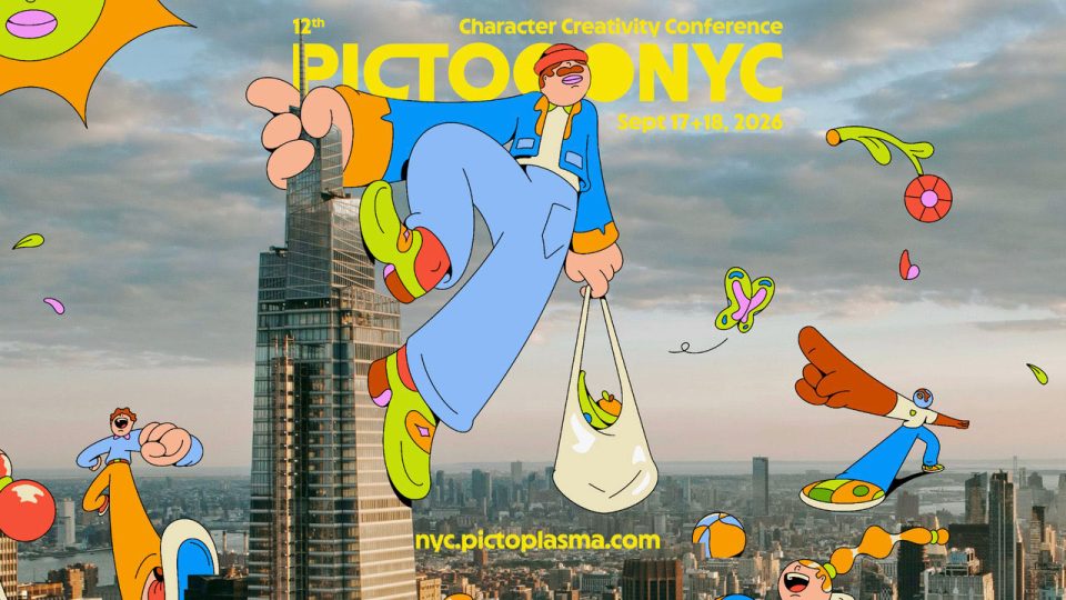 Cartoon characters float above the New York City skyline, with bold text promoting the 12th Pictoplasma NYC Character Creativity Conference, Sept 17-18, 2016. The Pictoplasma-NY-2026-square-banner and website link are displayed at the bottom. Frame from Stash Magazine article.
