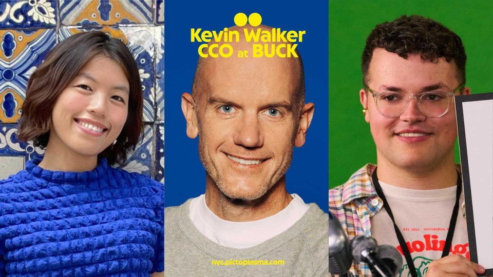 Three people: a woman with short hair in a blue top, a bald man smiling on a blue background with “Kevin Walker CCO at BUCK” text, and a person with glasses holding a sign—all posing for portraits during the Pictoplasma-NYC-2026 focus session with BUCK and Duolingo. Frame from Stash Magazine article.