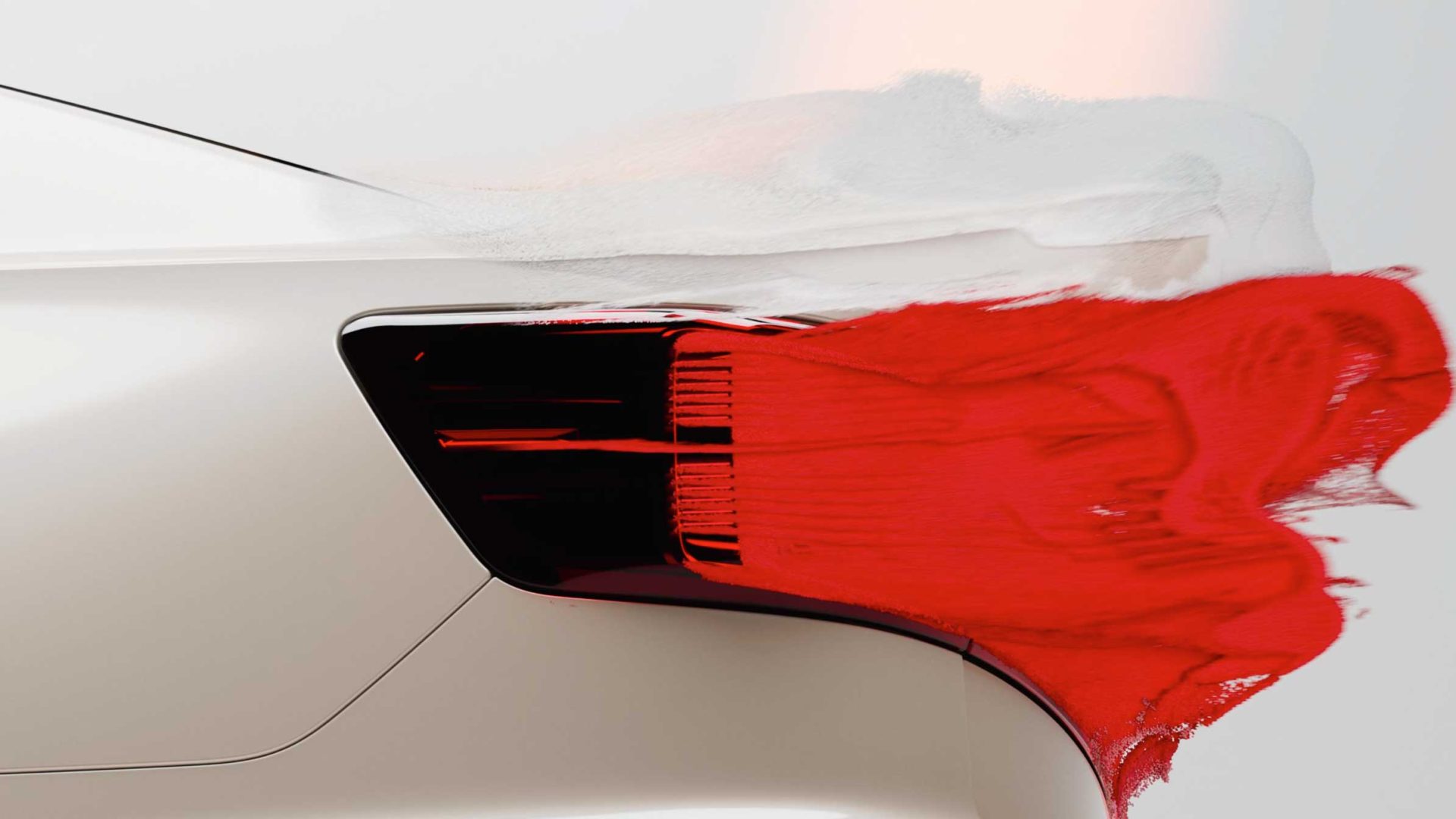 Rear taillight of a white Polestar car with a stylized, brushstroke-like red effect trailing from the lens as seen in a Brickland brand film. Frame from Stash Magazine article.