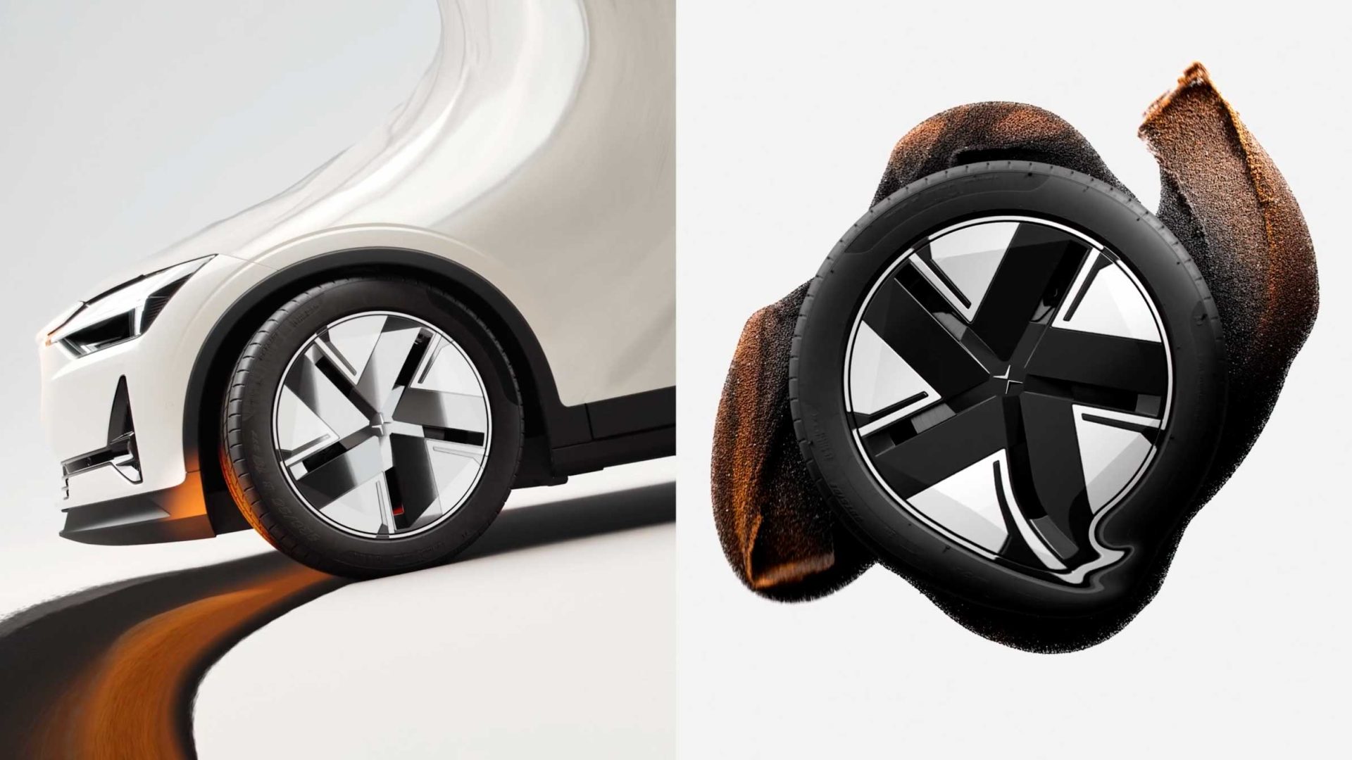 Split image showing the front wheel of a white Polestar on the left and a close-up of a Prime car wheel with a black, stylized five-spoke design on the right. Frame from Stash Magazine article.