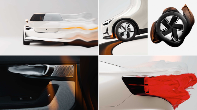 A Polestar collage featuring artistic motion blur and brushstroke effects on its Prime front, wheel, interior door handle, and rear taillight. Frame from Stash Magazine article.