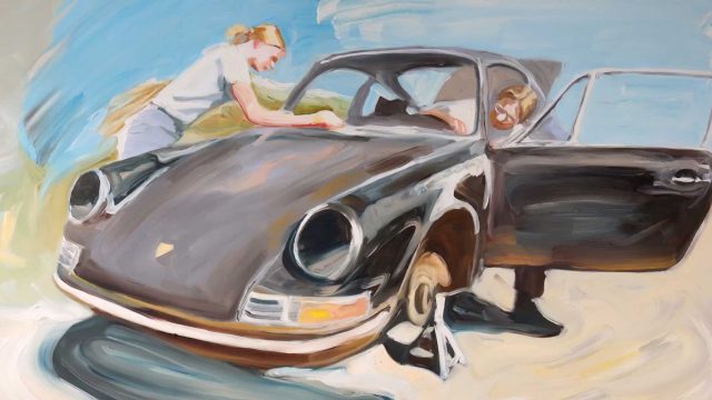 An oil painting in the style of Porsche The Long Way to I Do, showing a person leaning over the hood of a black sports car on a jack stand while a second person sits in the driver’s seat. Frame from Stash Magazine article.