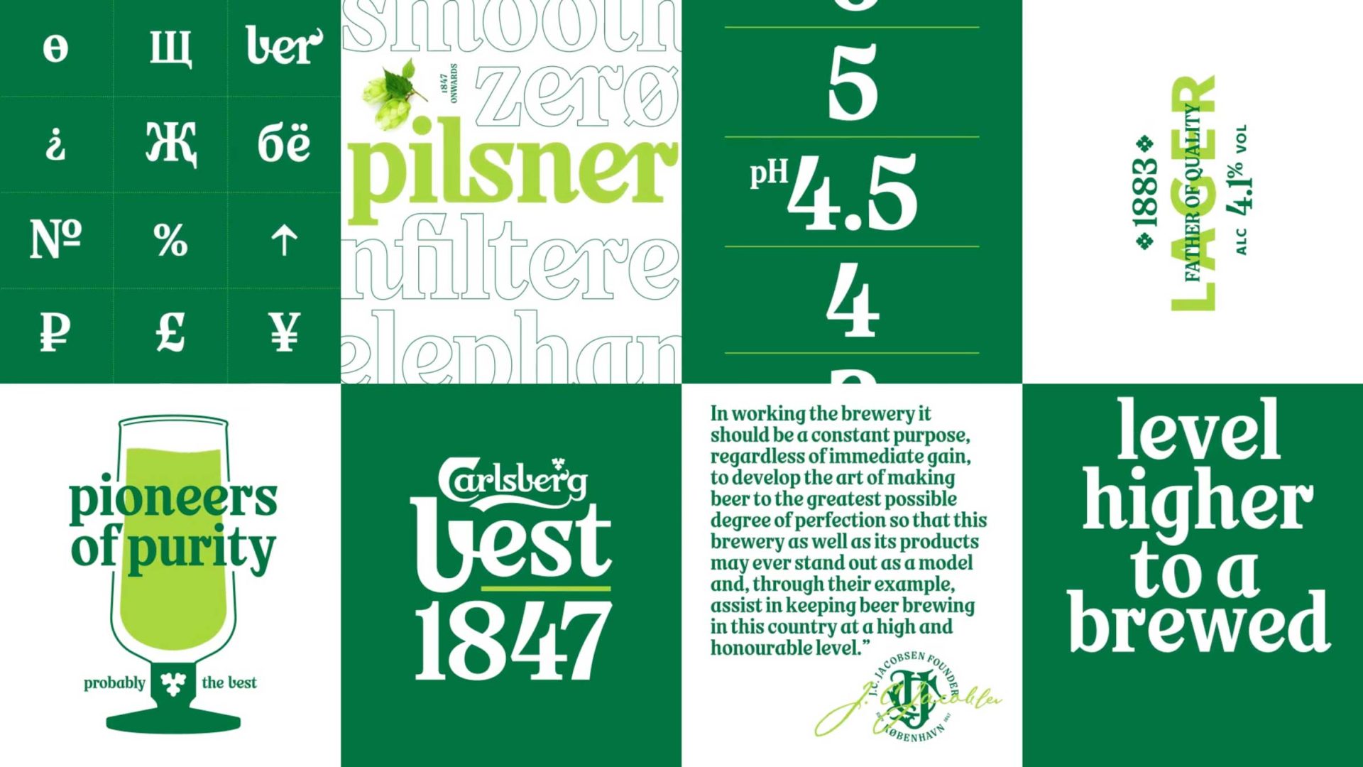 A green-and-white collage with Carlsberg brewery references—pilsner, pioneers of purity, Vest 1847—features numbers and phrases about brewing quality and purity, designed in Probably Serif as a nod to historical standards and Taxi Studio’s craft. Frame from Stash Magazine article.