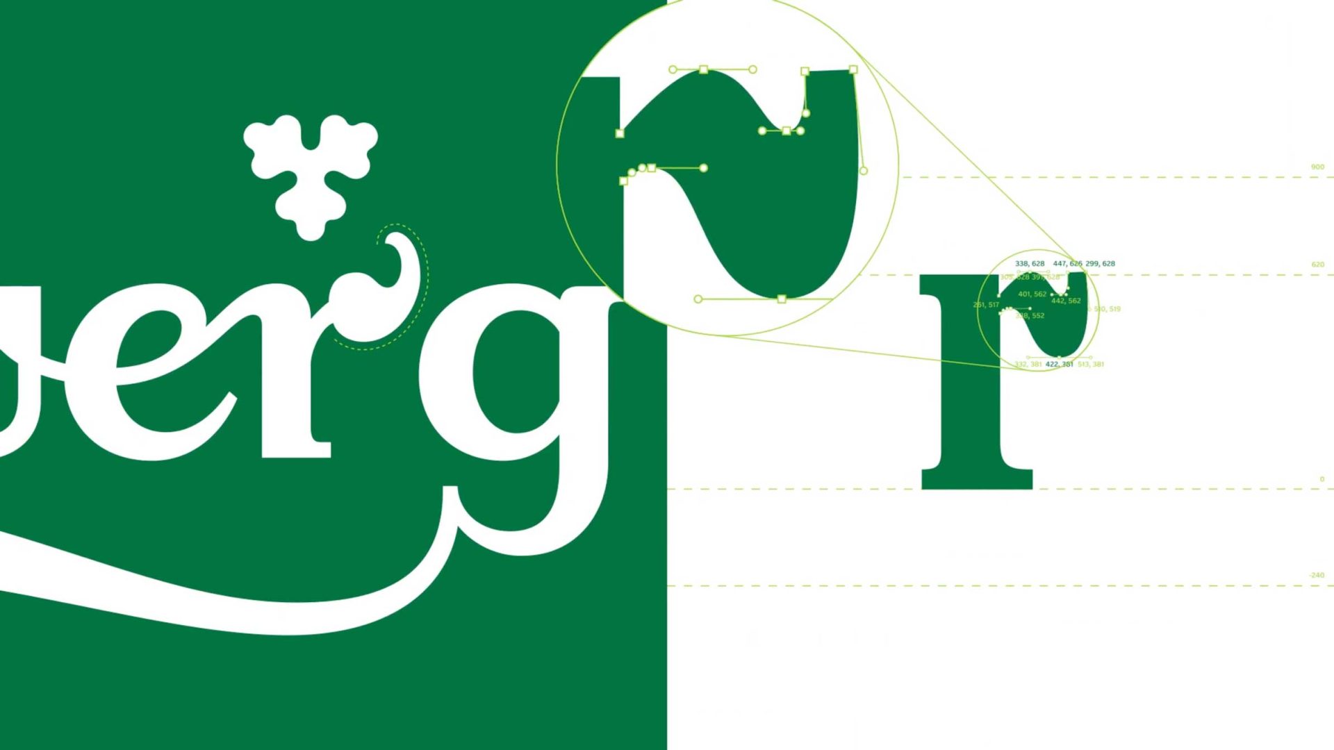 Split green and white background with a stylized g and r in bold white and green type, inspired by Taxi Studio, showing design details and editing points, including close-up guides and curves for letter adjustments. Frame from Stash Magazine article.