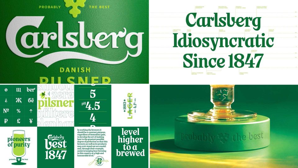 Collage showing Carlsberg beer branding: close-up of the Carlsberg logo in Probably Serif, green text “Carlsberg Idiosyncratic Since 1847,” vintage-style graphics, and a beer tap handle with “probably” engraved. Design by Taxi Studio. Frame from Stash Magazine article.