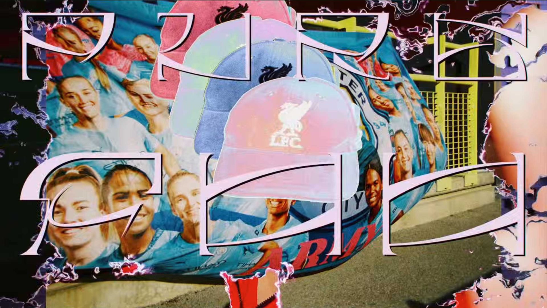 A colorful display featuring a cap with the Liverpool FC logo and a blanket printed with smiling faces of people. Bold, distorted text reading PURE CHA overlays the image, channeling Pure Football vibes with splashes of pink and purple around the edges.