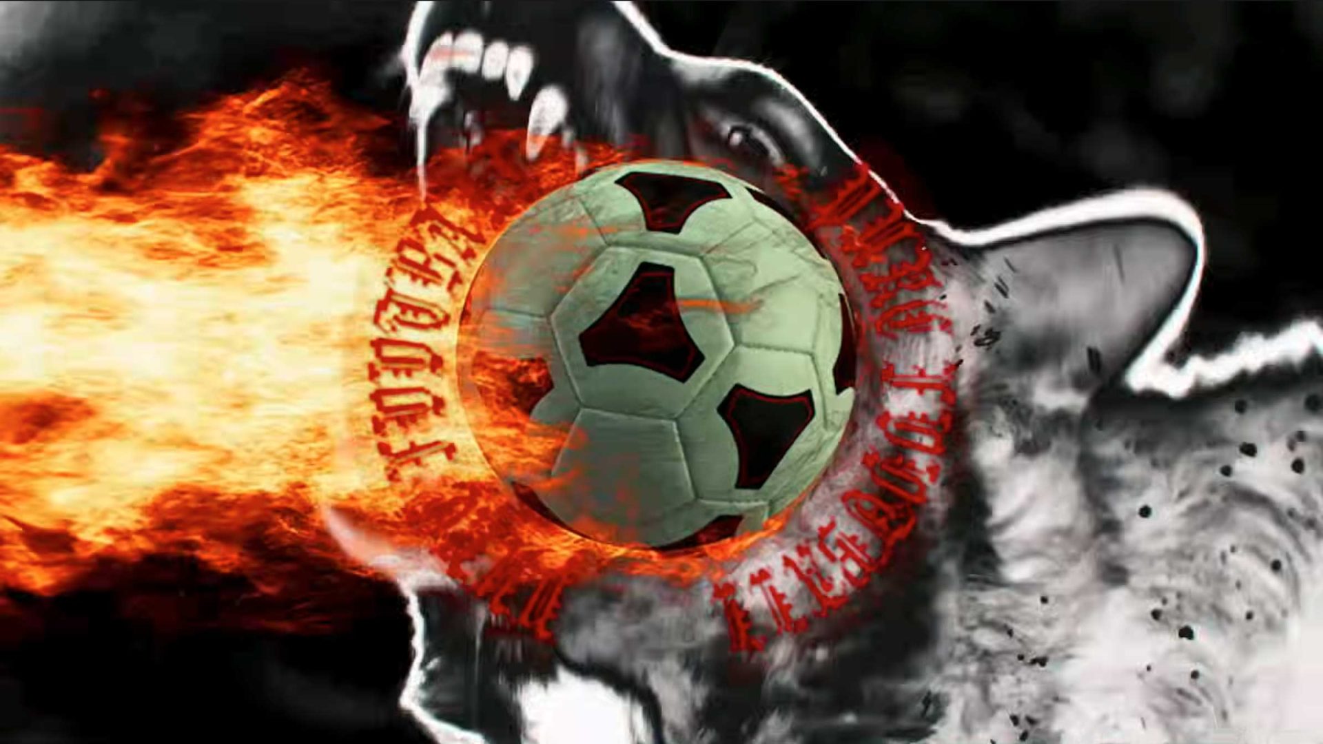 A stylized image of a wolf with its mouth open, shooting flames and a soccer ball forward—Pure Football energy. The soccer ball is encircled by fiery text, set against a striking black and white background.