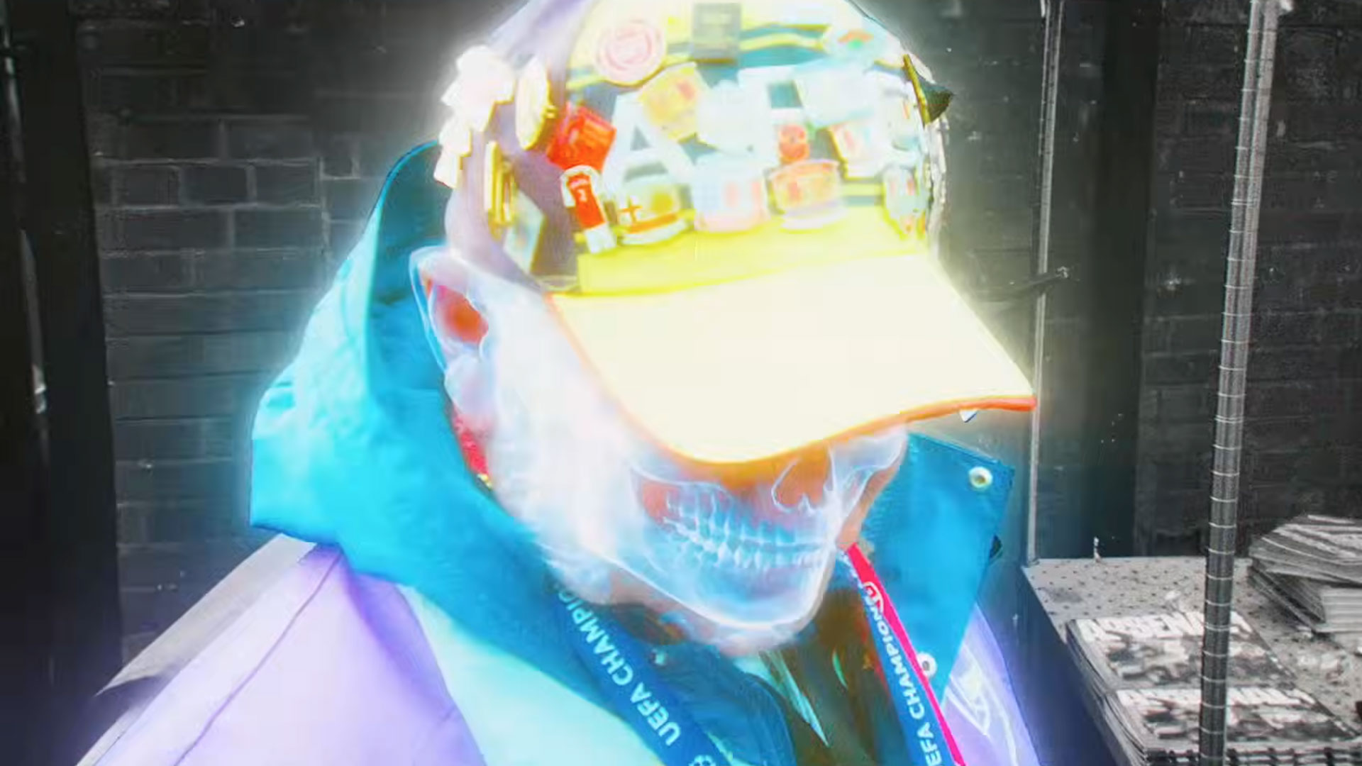 A glowing translucent figure in a bright jacket and lanyard wears a neon yellow cap decorated with miniature items, standing in an urban setting with a brick wall and metal structure—Channel 4’s 4creative energy shines through.