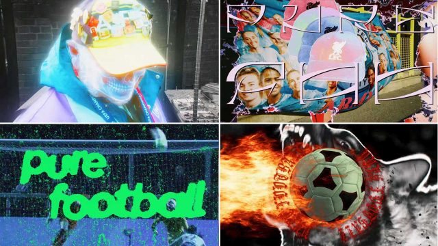 A collage of four abstract digital art pieces: a person in a colorful hat, a wall with overlapping faces, neon green Pure Football text over soccer players, and a flaming soccer ball with a wolf’s head—reflecting 4creative's Channel 4 style.