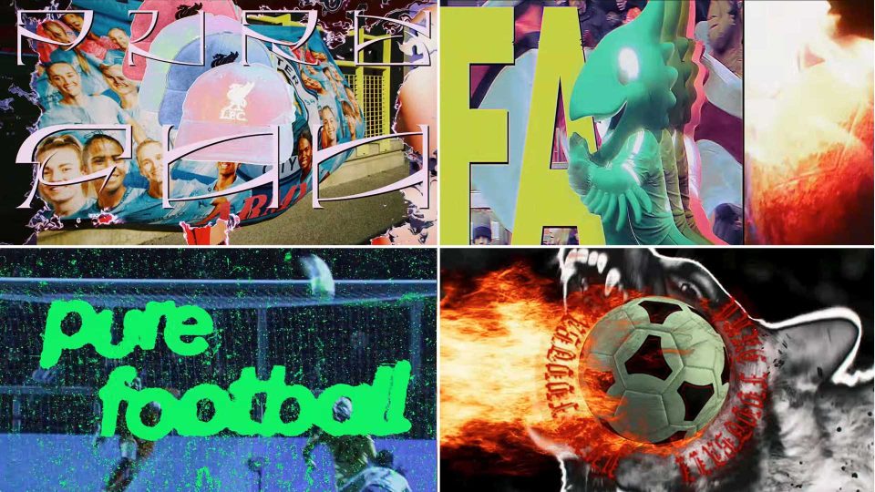 A collage with four sections: top left shows a group photo overlaid with broken glass effects; top right features a green dragon statue and bold yellow letters; bottom left spotlights “pure football” and the Pure Football Channel 4 logo over a soccer scene; bottom right has a flaming soccer ball with a wolf.