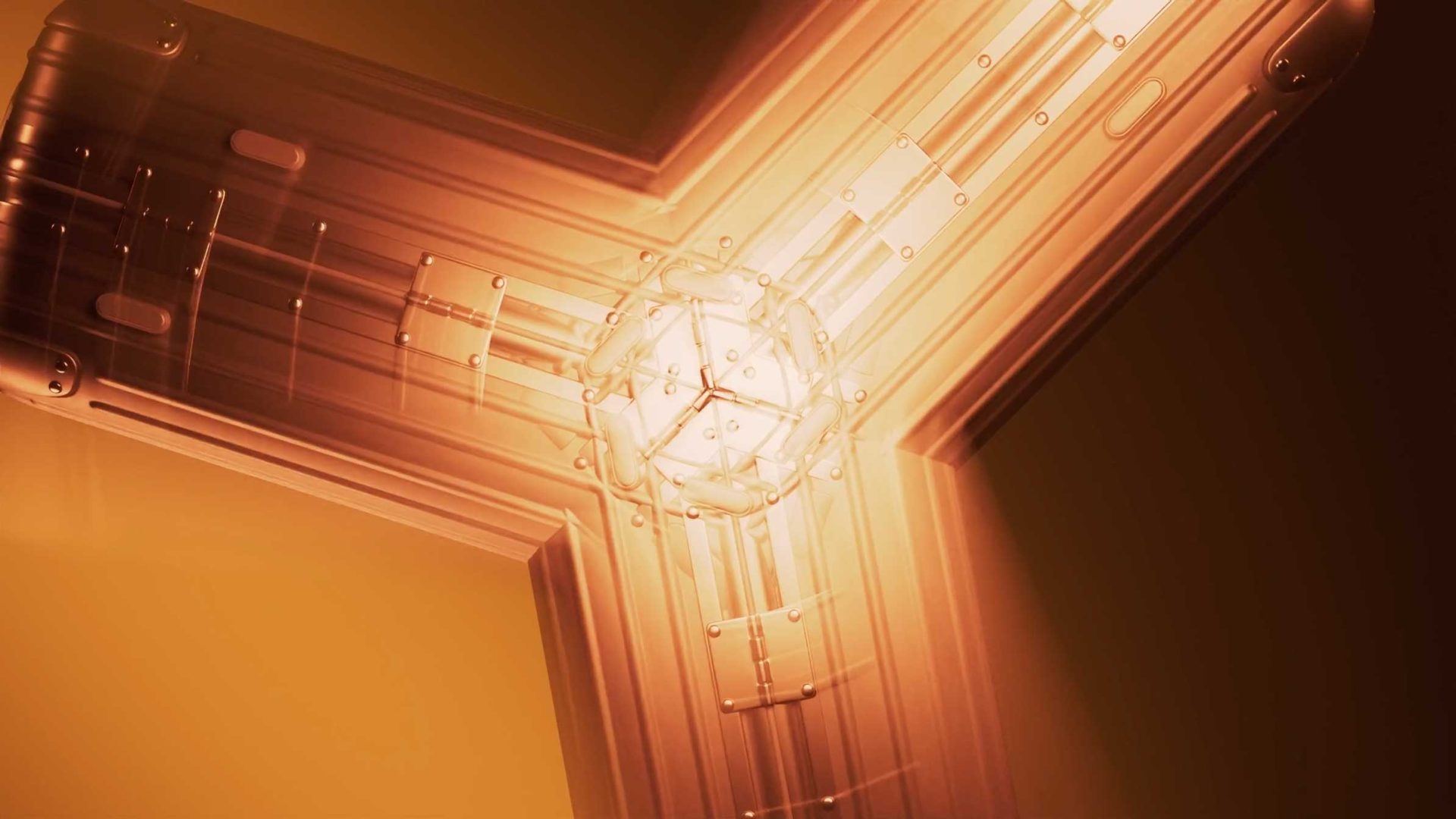 Abstract 3D rendering by Solve Studios of a glowing, geometric intersection with metallic, transparent surfaces reminiscent of RIMOWA, featuring a bright central light and warm orange tones for a distinctly futuristic composition. Frame from Stash Magazine article.