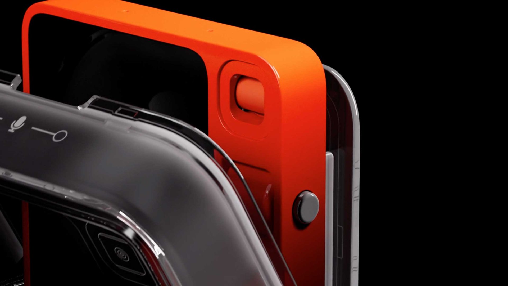 Close-up of two modern smartphones, one in orange and one in gray, showing their camera modules and side buttons against a black background. This product film styleframe by Styleframe GmbH highlights the devices' design and texture. Frame from Stash Magazine article.