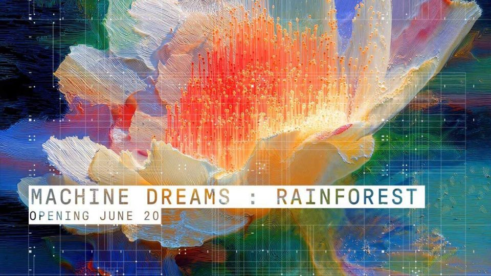 A vibrant digital artwork of a blooming flower with abstract, pixelated effects inspired by Rafik-Anadol’s Machine Dreams Rainforest. Overlaid text reads: “MACHINE DREAMS : RAINFOREST OPENING JUNE 20.”. Frame from Stash Magazine article.