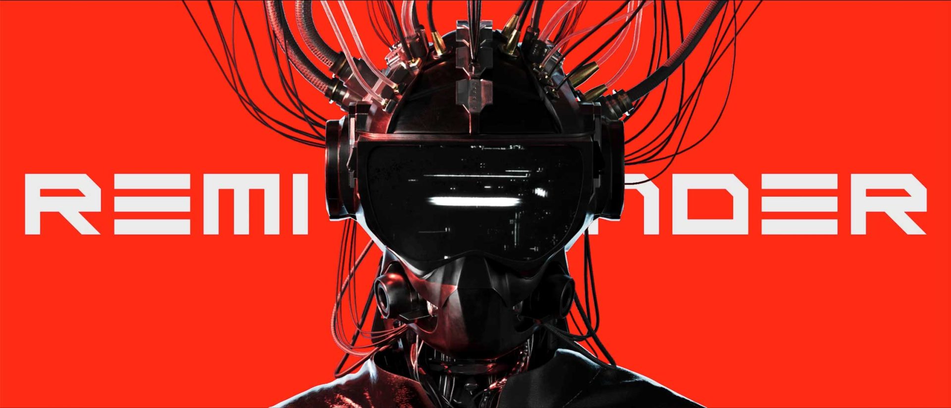 A person in a futuristic helmet with many cables attached stands against a bright red background, evoking an intense atmosphere reminiscent of a sci-fi short film. Bold white text, partially visible behind them, hints at the title “Reminder” by Jeongmin Seo. Frame from Stash Magazine article.