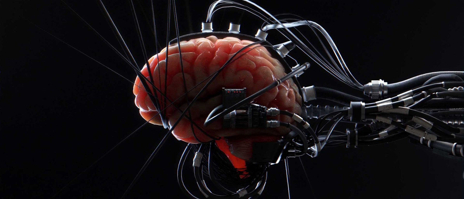 A human brain connected to multiple wires and metallic devices, resembling a fusion of organic tissue and advanced technology, set against a dark background—a scene reminiscent of the thought-provoking aesthetic found in Jeongmin Seo’s acclaimed short film “Reminder.”. Frame from Stash Magazine article.