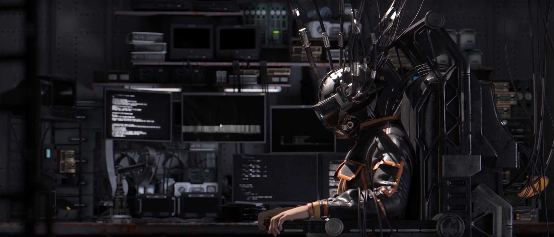 A person in a futuristic suit and helmet sits in a chair connected to wires, surrounded by multiple computer monitors and electronic equipment in a dimly lit, high-tech room—an evocative scene from Jeongmin Seo’s short film, Reminder. Frame from Stash Magazine article.