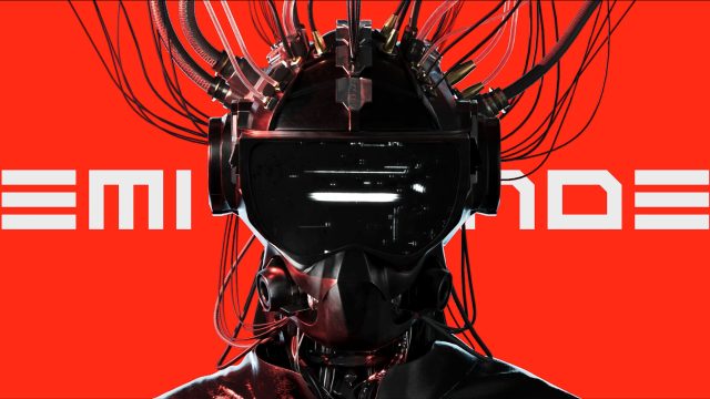 A person wearing a futuristic helmet with cables attached, reflective visor, and dark gear stands against a bright red background with partially obscured white text—a scene reminiscent of Reminder CG scifi Short Film by Jeongmin Seo. Frame from Stash Magazine article.