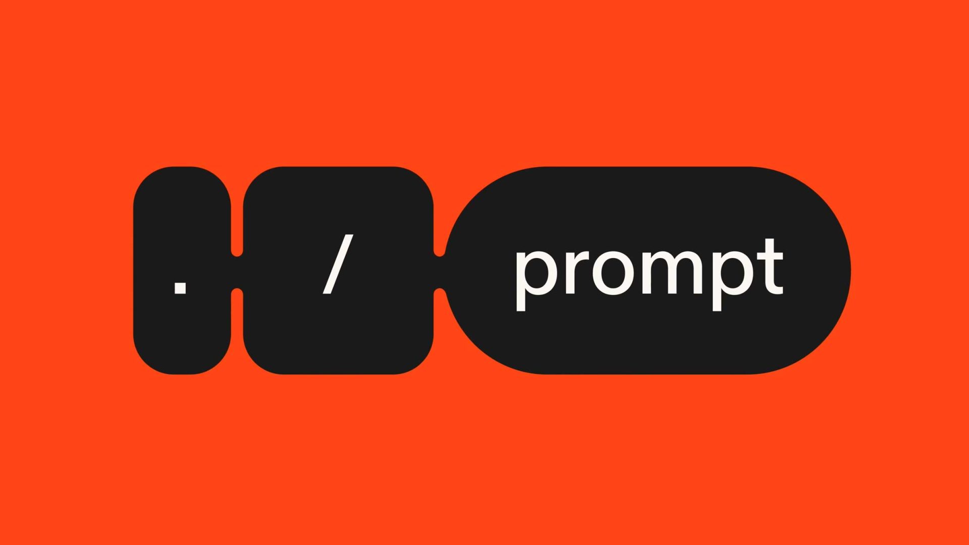 A graphic with a bright orange background, inspired by Oddfellows’ style, features three black rounded rectangles. Each shape contains, from left to right, a period, a forward slash, and the word prompt in white text. Frame from Stash Magazine article.