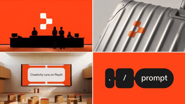 A collage features the Replit logo on an orange background, a silver suitcase with the logo, a modern classroom with "Creativity runs on Replit," and a graphic reading .io / prompt—capturing Oddfellows’ style in this Brand Film visual. Frame from Stash Magazine article.