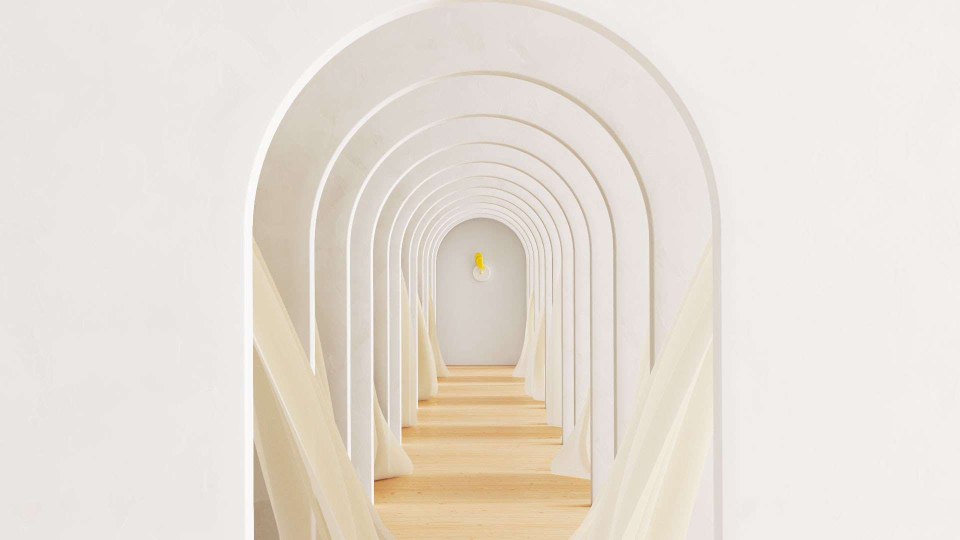 A minimalist hallway in Copenhagen features a series of white arched doorways, light wood flooring, and sheer cream drapes. At the end, a small yellow Ribbit object is mounted on the otherwise plain white wall. Frame from Stash Magazine article.