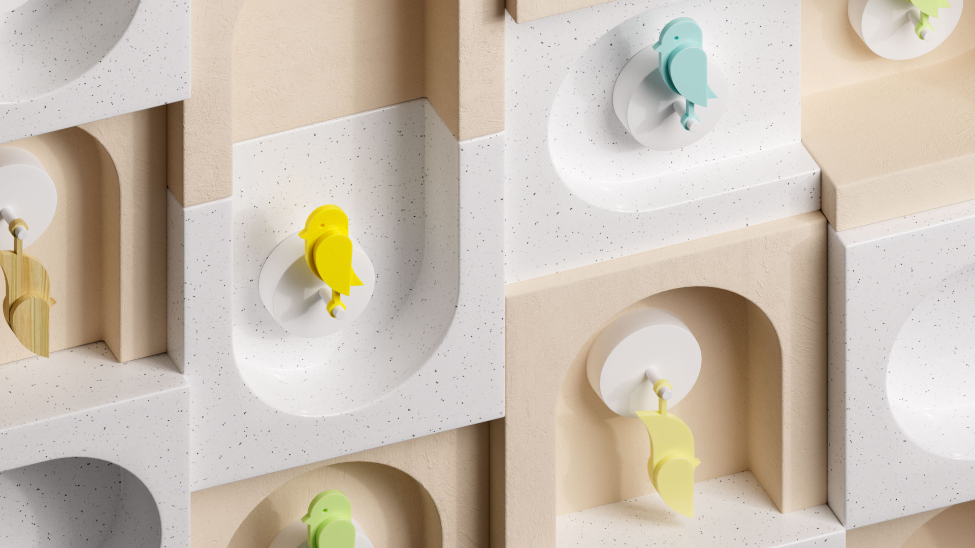 A wall of geometric niches, each displaying colorful, stylized bird figures—echoing the whimsy of Copenhagen’s Birdie Brand Film—in yellow, green, blue, and wood tones, mounted on circular white bases against cream and speckled white backgrounds. Frame from Stash Magazine article.