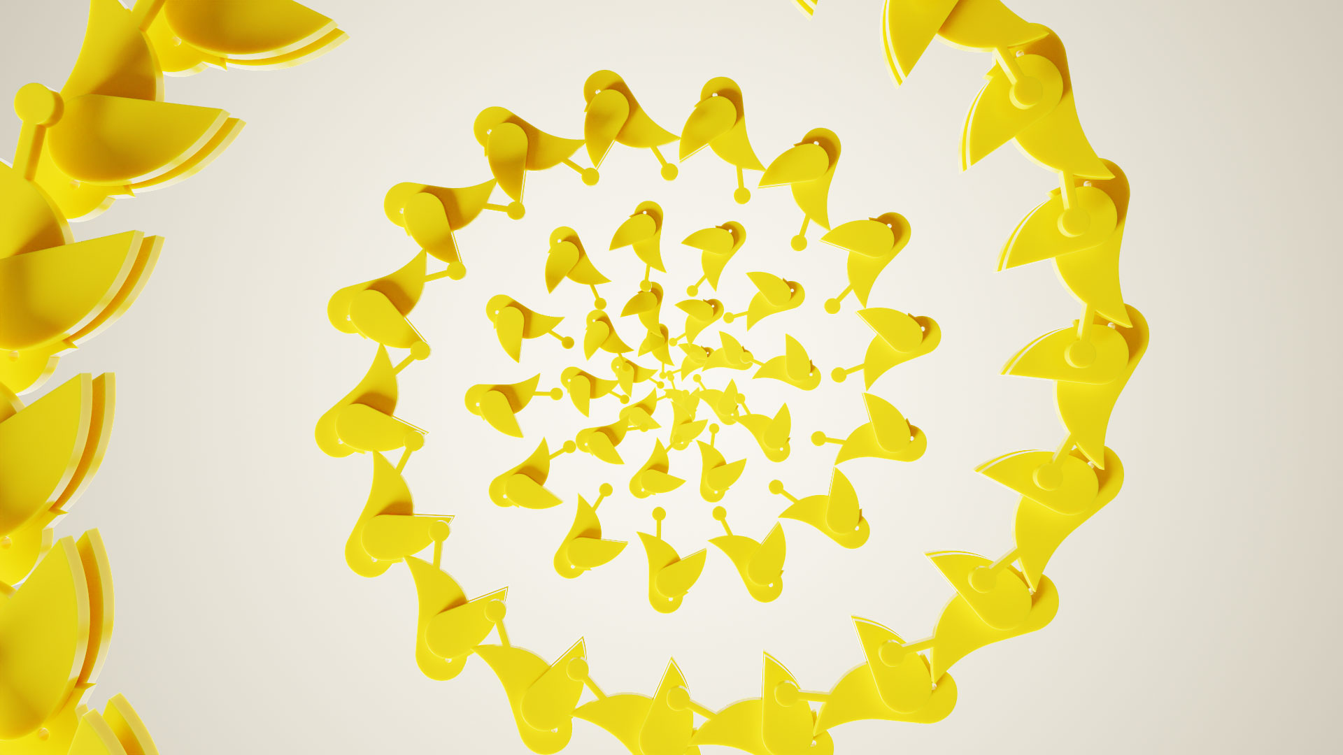 A spiral pattern of glossy, abstract yellow shapes resembling Birdie Brand Film stylized birds or boomerangs on a light beige background, creating a sense of depth and motion. Frame from Stash Magazine article.